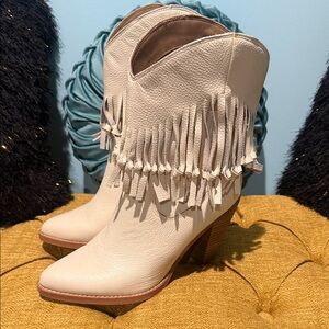 Cream Fringe Heeled Boots